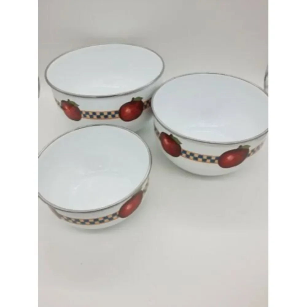 Set of 3 Retro Enamel Metal Nesting Bowls - Fruit Apples Checkered 🍎🍏